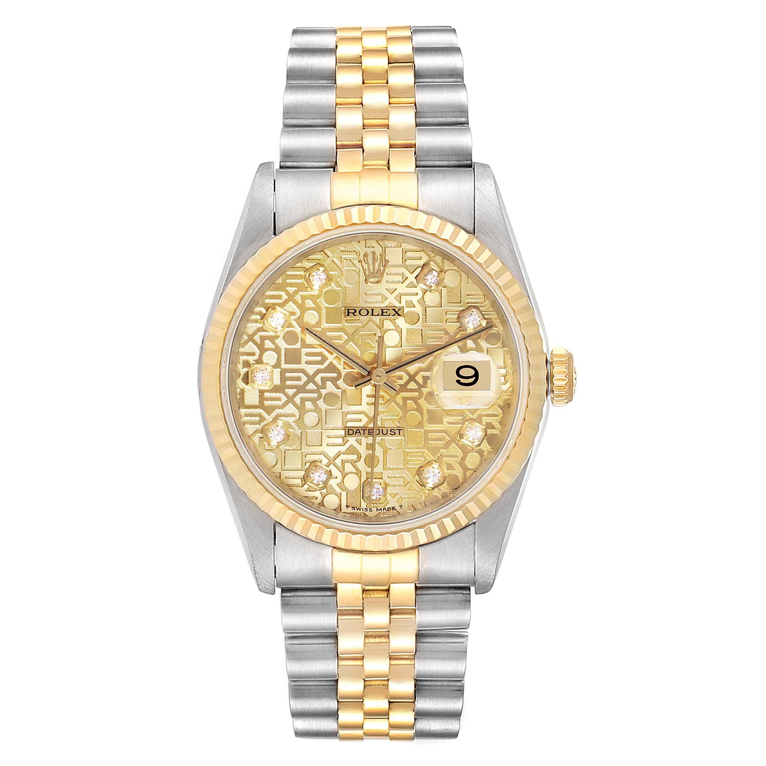 Rolex Datejust Steel Yellow Gold Diamond Mens Watch 16233 Box. Officially certified chronometer self-winding movement. Stainless steel case 36 mm in diameter. Rolex logo on a 18K yellow gold crown. 18k yellow gold fluted bezel. Scratch resistant