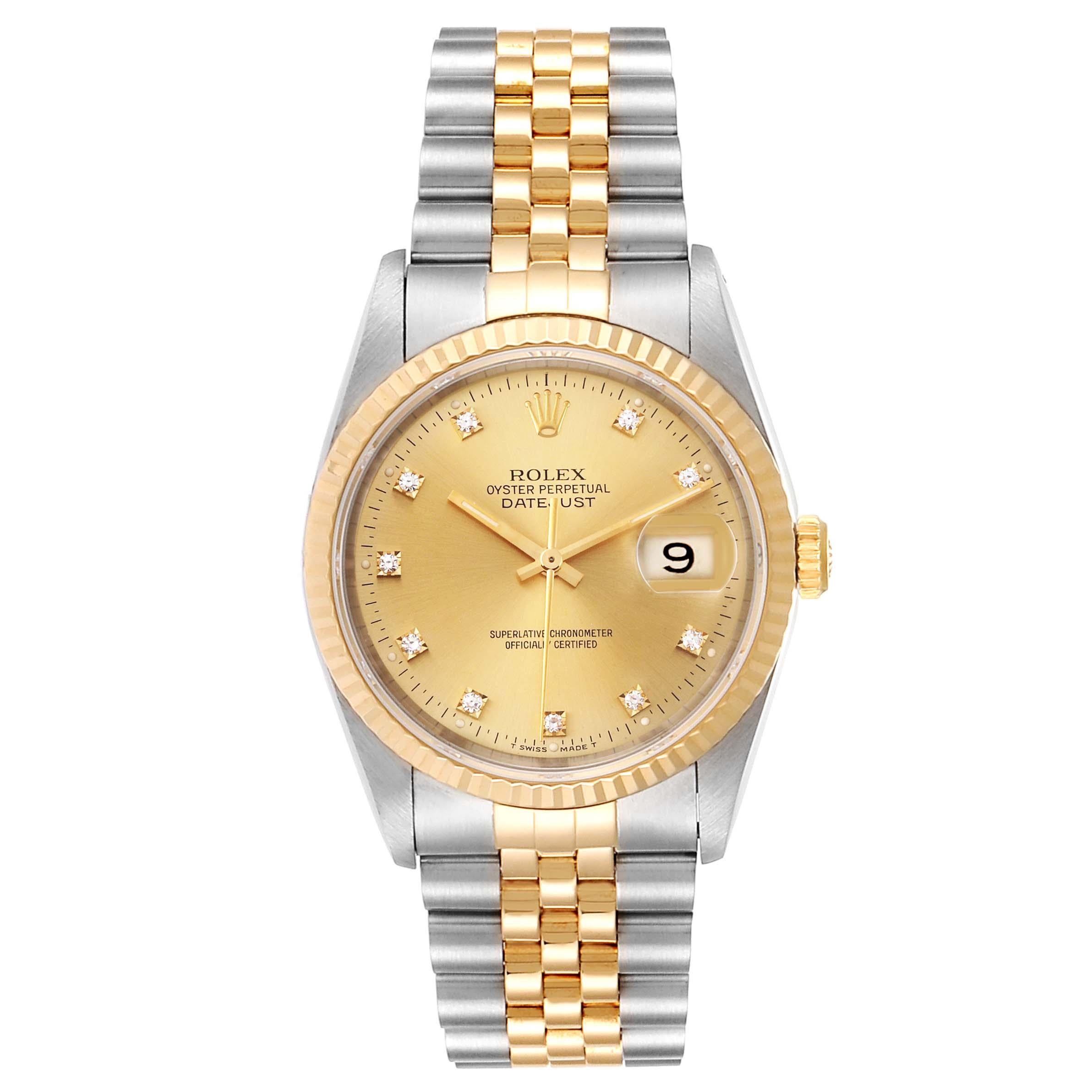 Rolex Datejust Steel Yellow Gold Diamond Mens Watch 16233 Box Papers. Officially certified chronometer self-winding movement. Stainless steel case 36 mm in diameter. Rolex logo on a 18K yellow gold crown. 18k yellow gold fluted bezel. Scratch