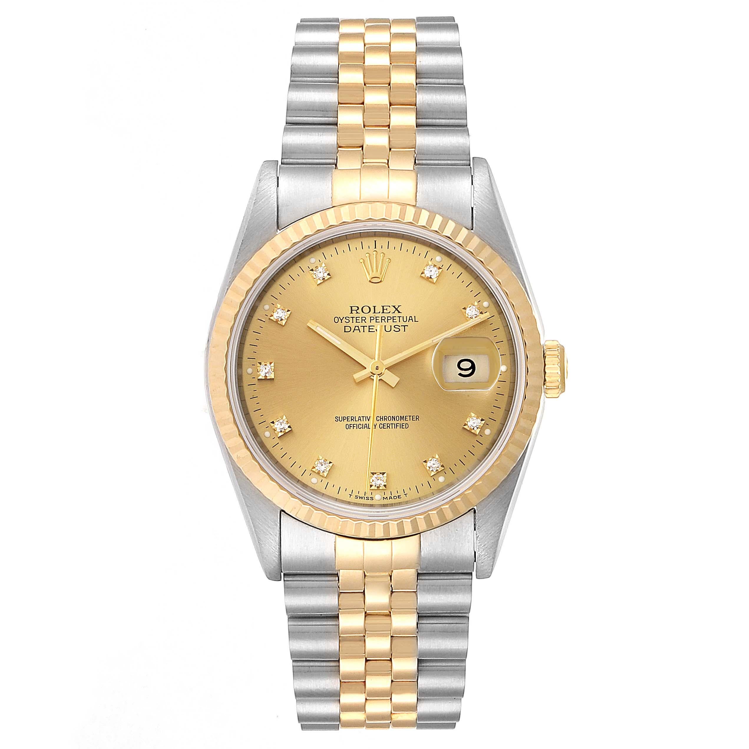 Rolex Datejust Steel Yellow Gold Diamond Mens Watch 16233 Box Papers. Officially certified chronometer self-winding movement. Stainless steel case 36 mm in diameter. Rolex logo on a 18K yellow gold crown. 18k yellow gold fluted bezel. Scratch