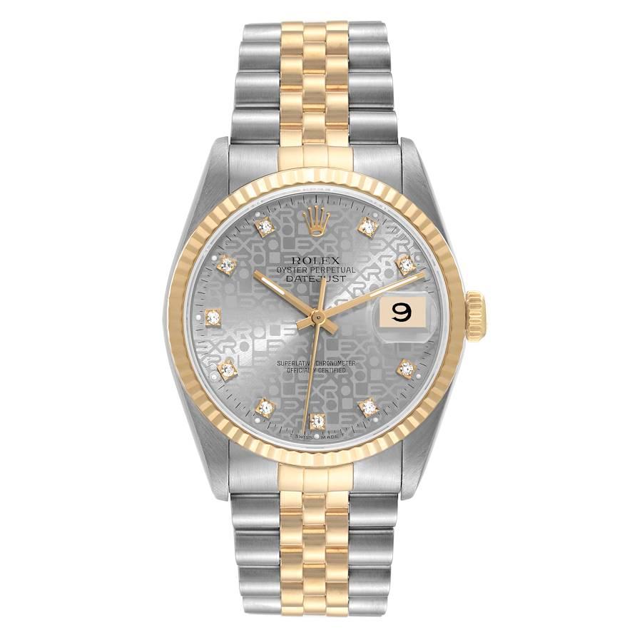 Rolex Datejust Steel Yellow Gold Diamond Mens Watch 16233 Box Papers. Officially certified chronometer automatic self-winding movement. Stainless steel case 36 mm in diameter.  Rolex logo on an 18K yellow gold crown. 18k yellow gold fluted bezel.