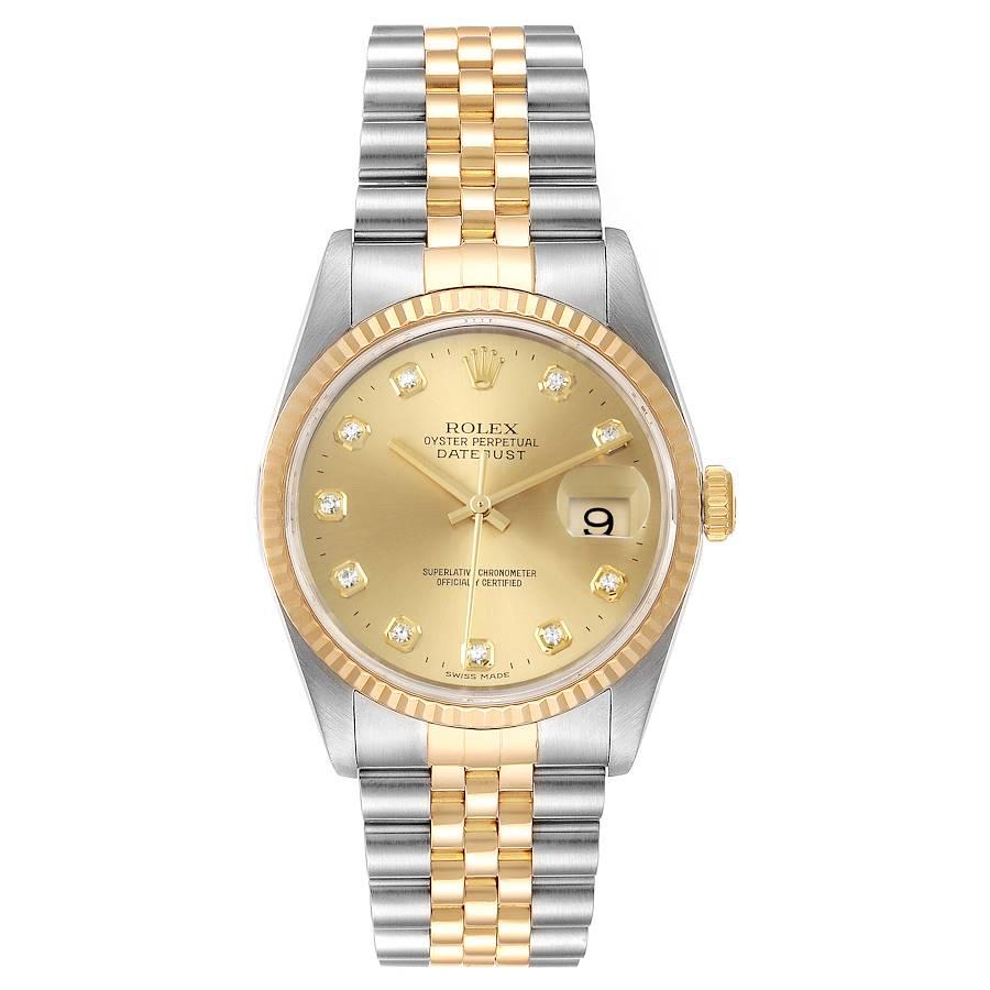 Rolex Datejust Steel Yellow Gold Diamond Mens Watch 16233. Officially certified chronometer automatic self-winding movement. Stainless steel case 36.0 mm in diameter. Rolex logo on a crown. 18k yellow gold fluted bezel. Scratch resistant sapphire