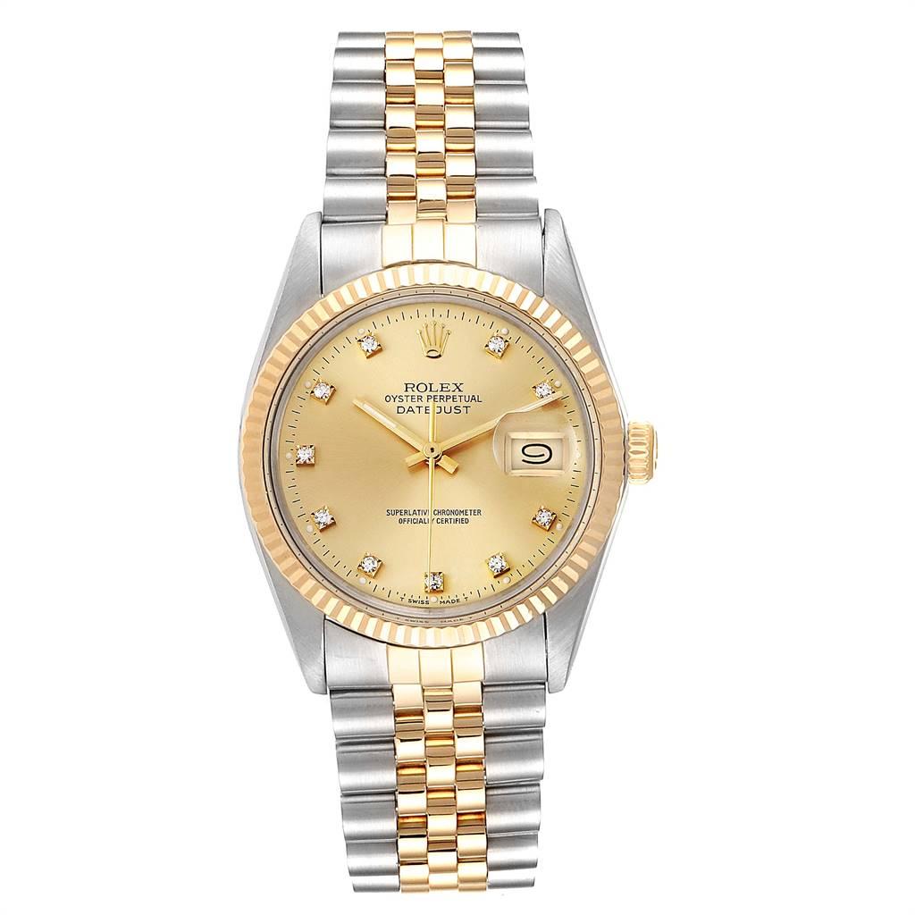 Rolex Datejust Steel Yellow Gold Diamond Vintage Mens Watch 16013 Box Papers. Officially certified chronometer self-winding movement. Stainless steel oyster case 36.0 mm in diameter. Rolex logo on a crown. 18k yellow gold fluted bezel. Acrylic