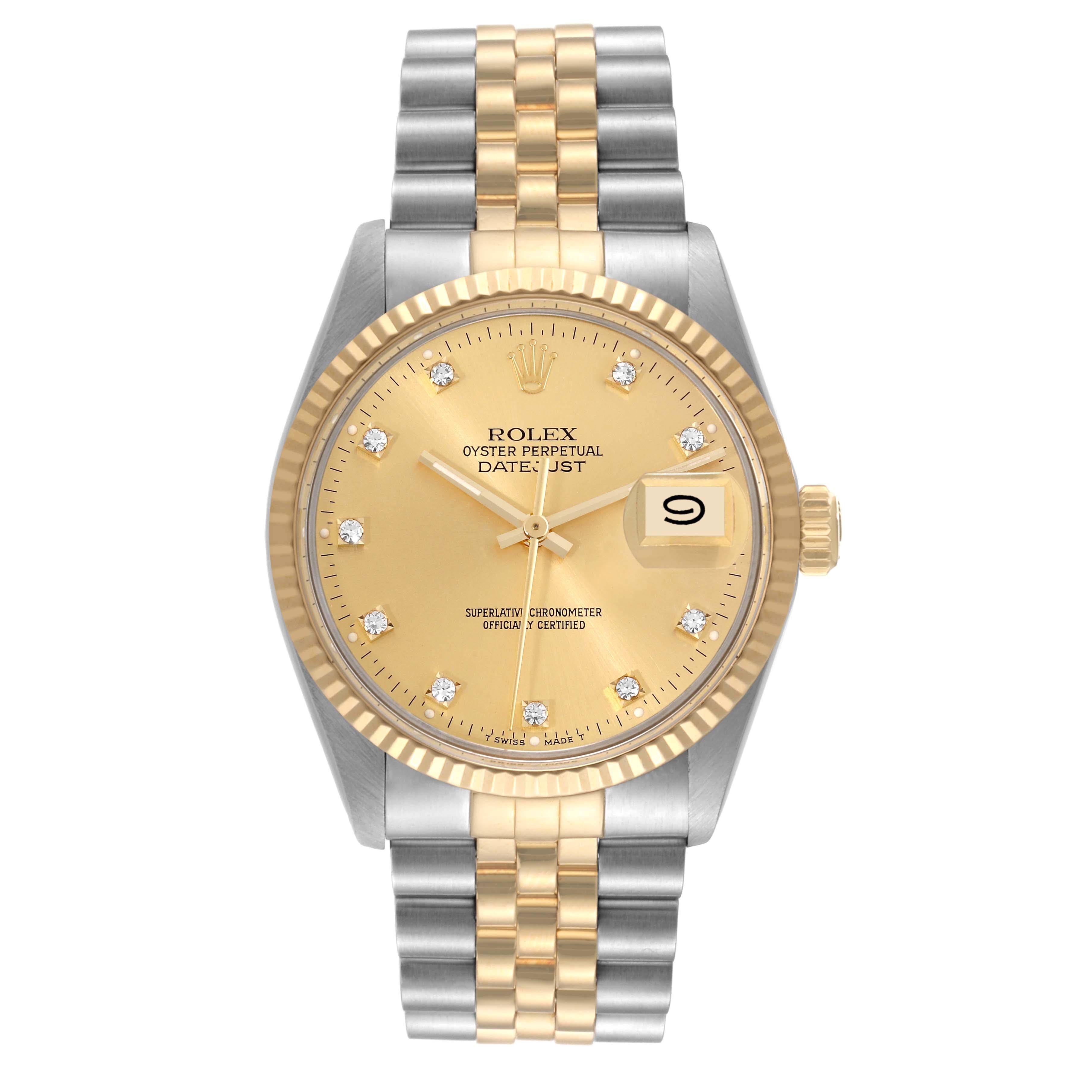 Rolex Datejust Steel Yellow Gold Diamond Vintage Mens Watch 16013 Box Papers. Officially certified chronometer automatic self-winding movement. Stainless steel oyster case 36.0 mm in diameter. Rolex logo on the crown. 18k yellow gold fluted bezel.