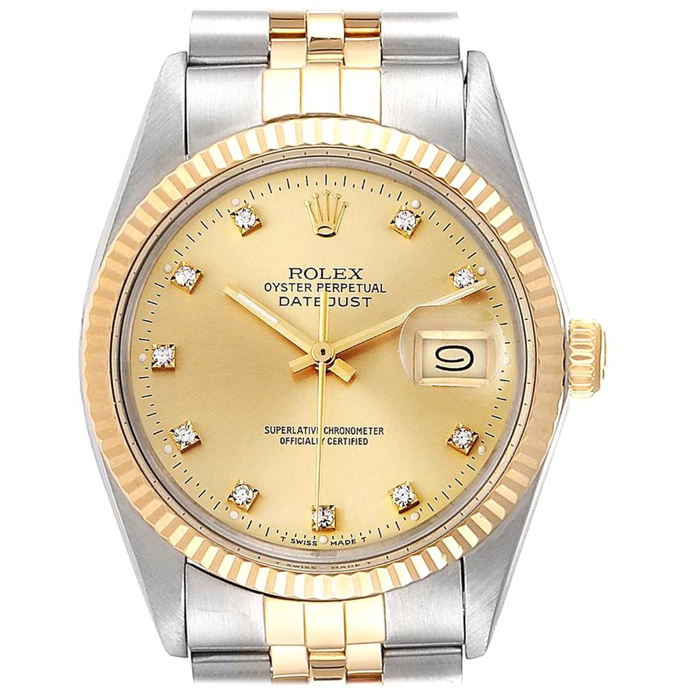 Rolex Datejust Steel Yellow Gold Diamond Vintage Men's Watch 16013 Box Papers For Sale