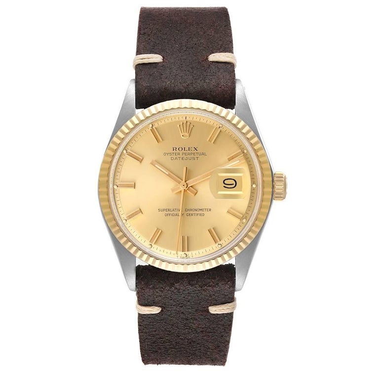 Rolex Datejust Steel Yellow Gold Fat Boy Dial Vintage Mens Watch 1601. Officially certified chronometer automatic self-winding movement. Stainless steel case 36 mm in diameter. Rolex logo on a crown. Yellow gold fluted bezel. Acrylic crystal with
