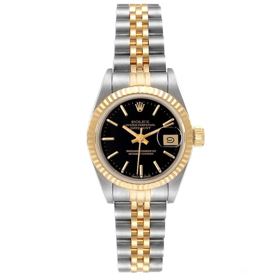 Rolex Datejust Steel Yellow Gold Fluted Bezel Black Dial Ladies Watch 69173. Officially certified chronometer self-winding movement. Stainless steel oyster case 26.0 mm in diameter. Rolex logo on a crown. 18k yellow gold fluted bezel. Scratch