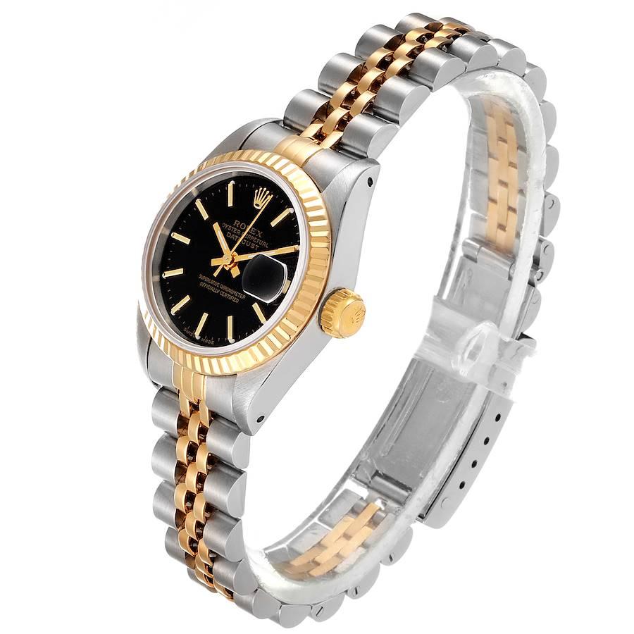 Rolex Datejust Steel Yellow Gold Fluted Bezel Black Dial Ladies Watch 69173 In Excellent Condition For Sale In Atlanta, GA