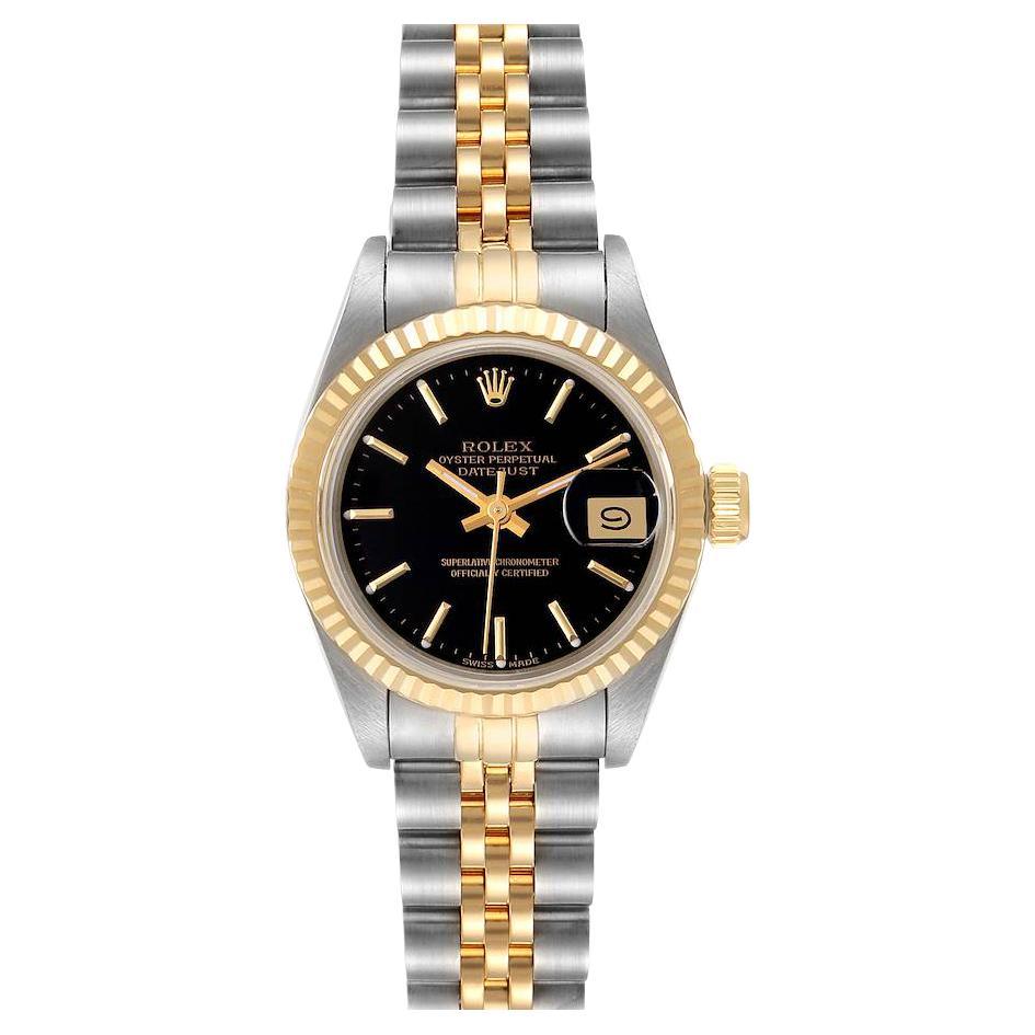 Rolex Datejust Steel Yellow Gold Fluted Bezel Black Dial Ladies Watch 69173 For Sale