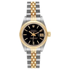 Rolex Datejust Steel Yellow Gold Fluted Bezel Black Dial Ladies Watch 69173