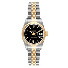 Rolex Datejust Steel Yellow Gold Fluted Bezel Black Dial Watch 69173