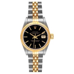 Vintage Rolex Datejust Steel Yellow Gold Fluted Bezel Black Dial Watch 69173