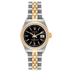 Vintage Rolex Datejust Steel Yellow Gold Fluted Bezel Black Dial Watch 69173