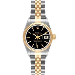 Rolex Datejust Steel Yellow Gold Fluted Bezel Black Dial Watch 69173