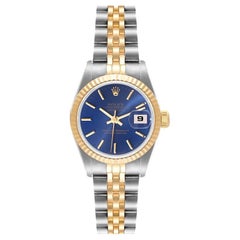 Rolex Datejust Steel Yellow Gold Fluted Bezel Blue Dial Watch 69173