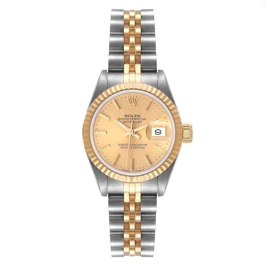 Rolex Datejust Stahl Gelbgold geriffelte Lünette Damenuhr 69173 Box Papiere. Offiziell zertifiziertes Chronometerwerk mit automatischem Aufzug. Austerngehäuse aus Edelstahl mit einem Durchmesser von 26,0 mm. Rolex-Logo auf einer Krone. geriffelte