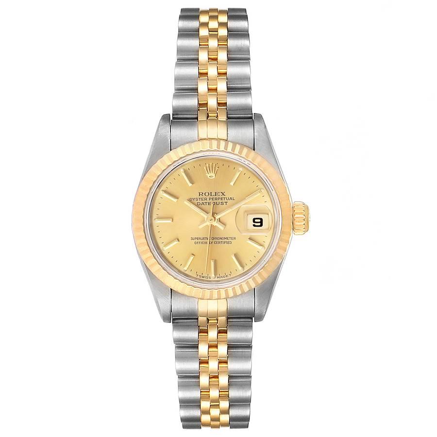 Rolex Datejust Steel Yellow Gold Fluted Bezel Ladies Watch 69173. Officially certified chronometer self-winding movement. Stainless steel oyster case 26.0 mm in diameter. Rolex logo on a crown. 18k yellow gold fluted bezel. Scratch resistant