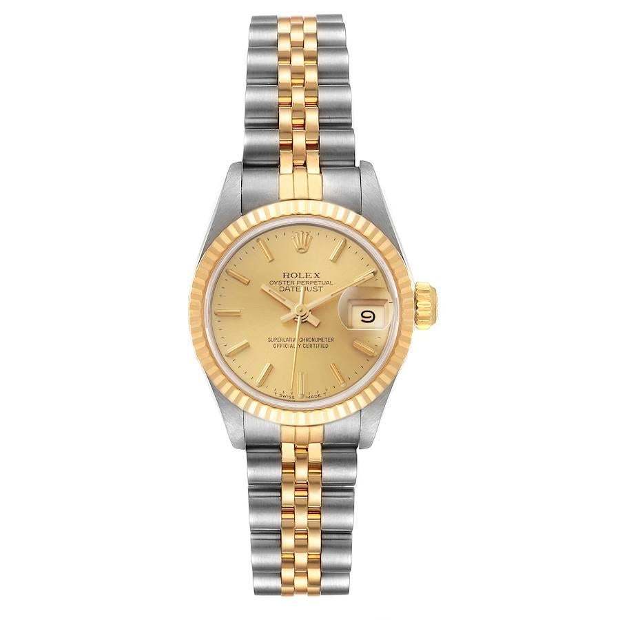 Rolex Datejust Steel Yellow Gold Fluted Bezel Ladies Watch 69173. Officially certified chronometer self-winding movement. Stainless steel oyster case 26.0 mm in diameter. Rolex logo on a crown. 18k yellow gold fluted bezel. Scratch resistant