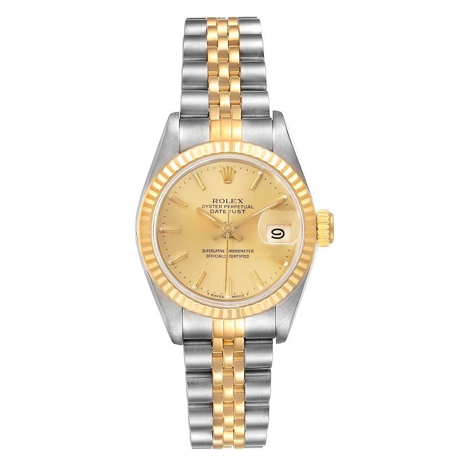 Rolex Datejust Steel Yellow Gold Fluted Bezel Ladies Watch 69173 Papers. Officially certified chronometer self-winding movement. Stainless steel oyster case 26.0 mm in diameter. Rolex logo on a crown. 18k yellow gold fluted bezel. Scratch resistant