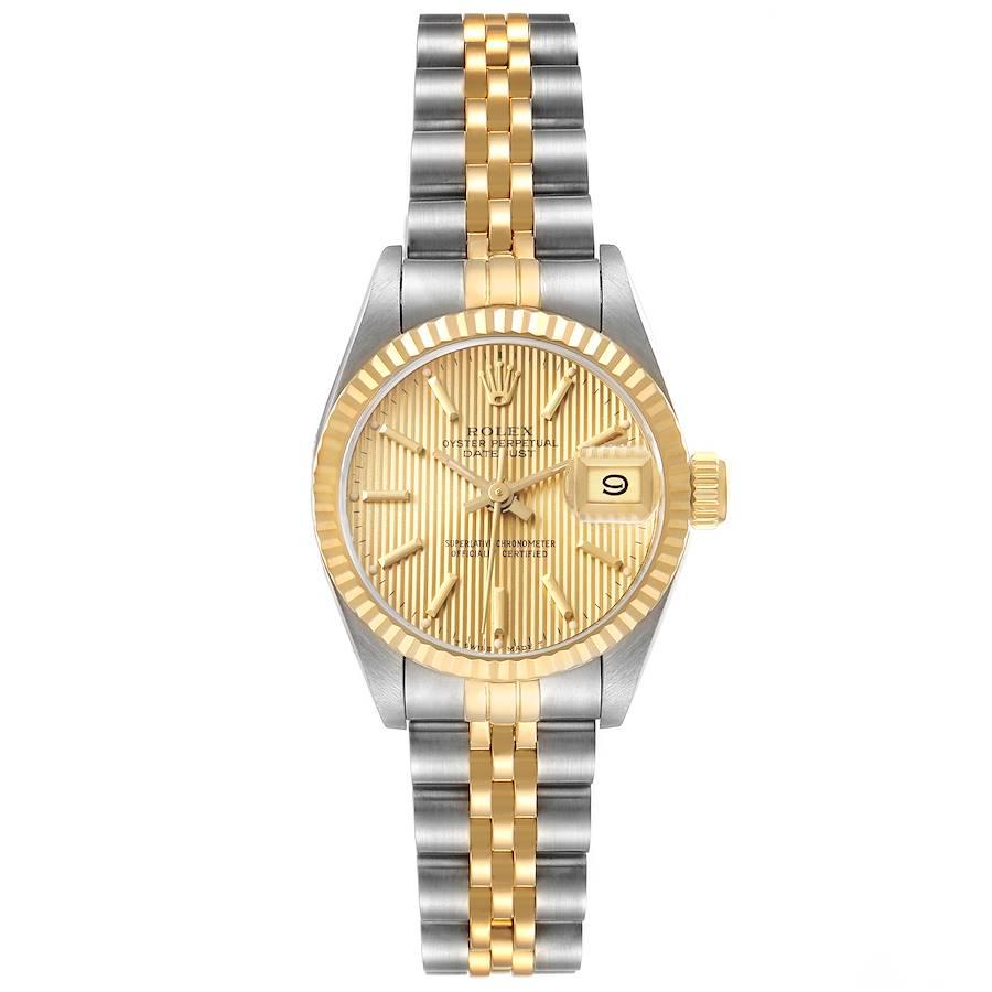 Rolex Datejust Steel Yellow Gold Fluted Bezel Tapestry Dial Ladies Watch 69173. Officially certified chronometer self-winding movement. Stainless steel oyster case 26 mm in diameter. Rolex logo on a crown. 18k yellow gold fluted bezel. Scratch
