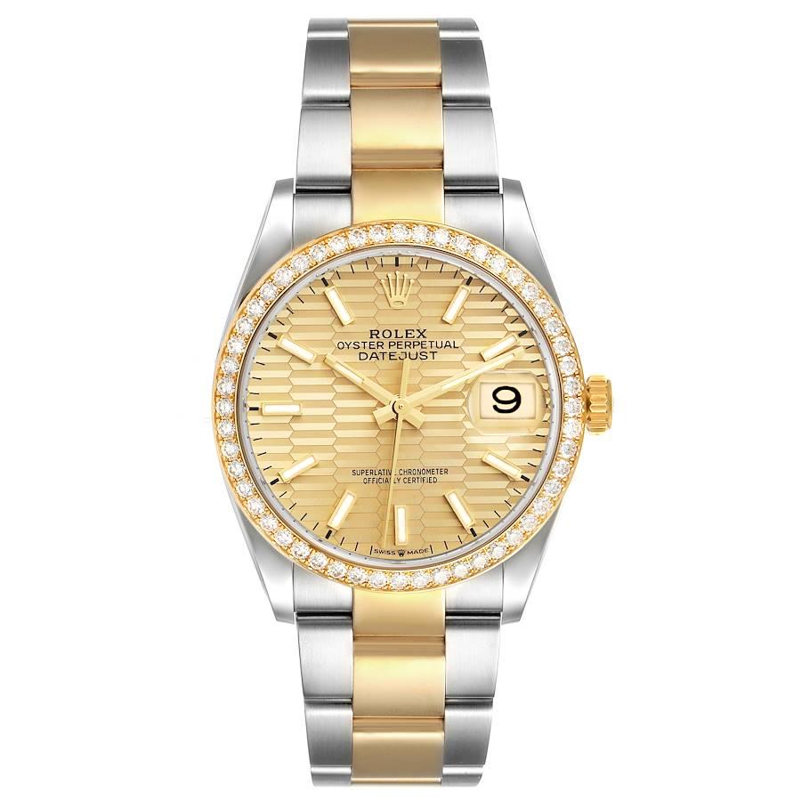 Rolex Datejust Steel Yellow Gold Fluted Dial Diamond Watch 126283 Unworn. Officially certified chronometer self-winding movement. Stainless steel and 18K yellow gold oyster case 36.0 mm in diameter. Rolex logo on 18K yellow gold crown. Original