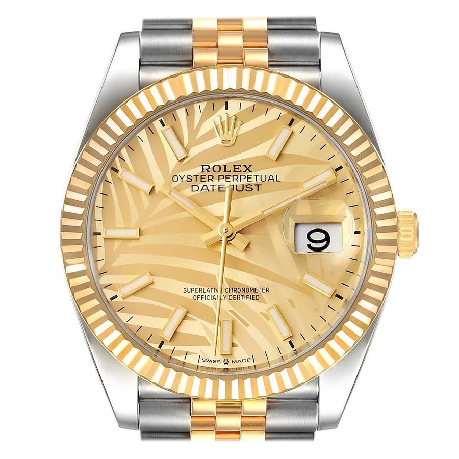 Rolex Datejust Stahl Gelbgold Goldenes Palmen Zifferblatt Herrenuhr 126233 Ungetragen im Angebot