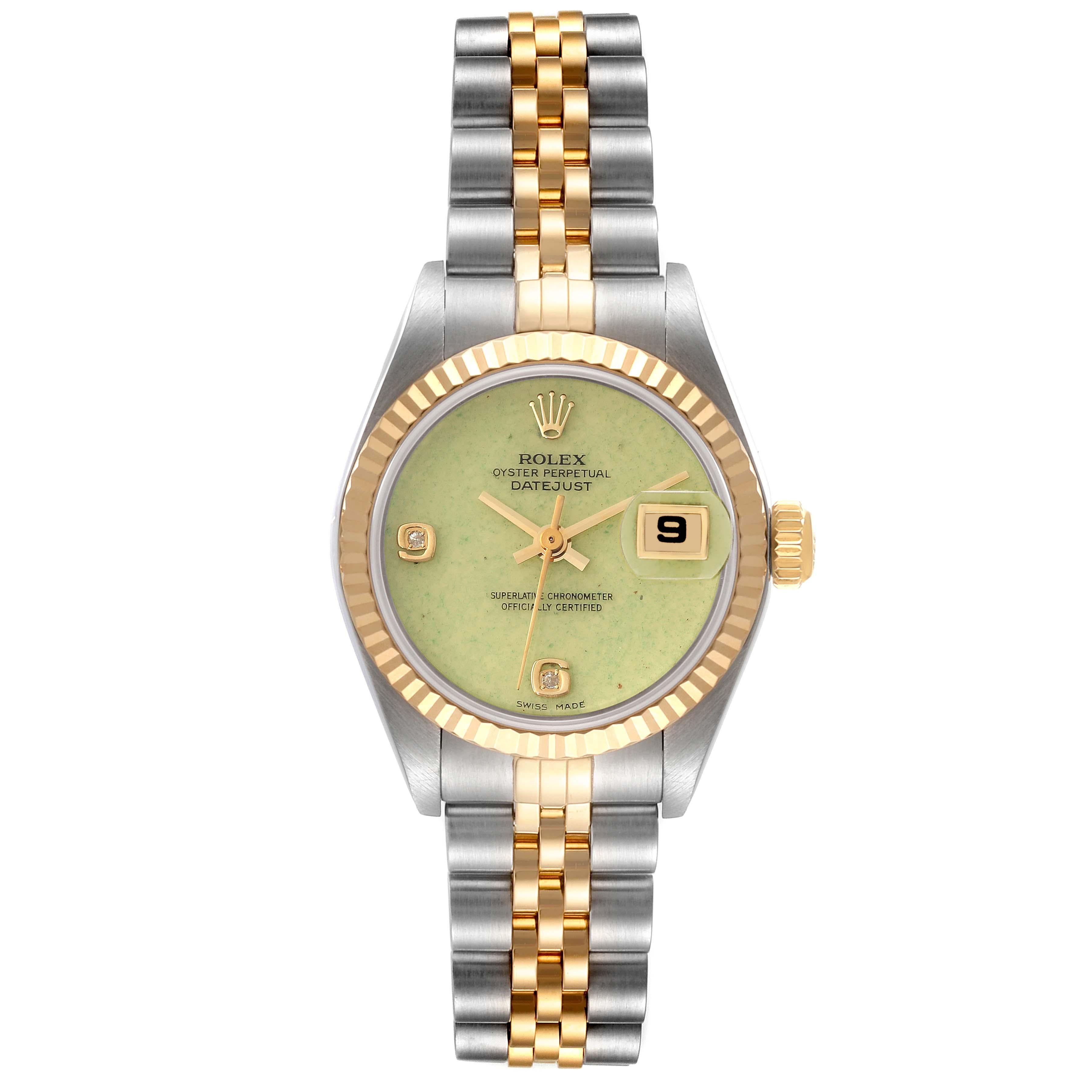 Rolex Datejust Steel Yellow Gold Green Jadeite Diamond Ladies Watch 79173 In Excellent Condition For Sale In Atlanta, GA