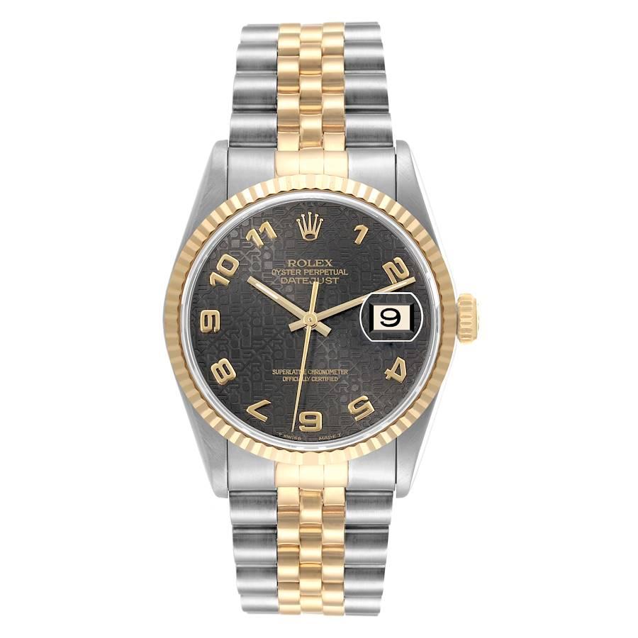 Rolex Datejust Steel Yellow Gold Grey Anniversary Dial Mens Watch 16233. Officially certified chronometer automatic self-winding movement. Stainless steel case 36.0 mm in diameter. Rolex logo on the crown. 18k yellow gold fluted bezel. Scratch