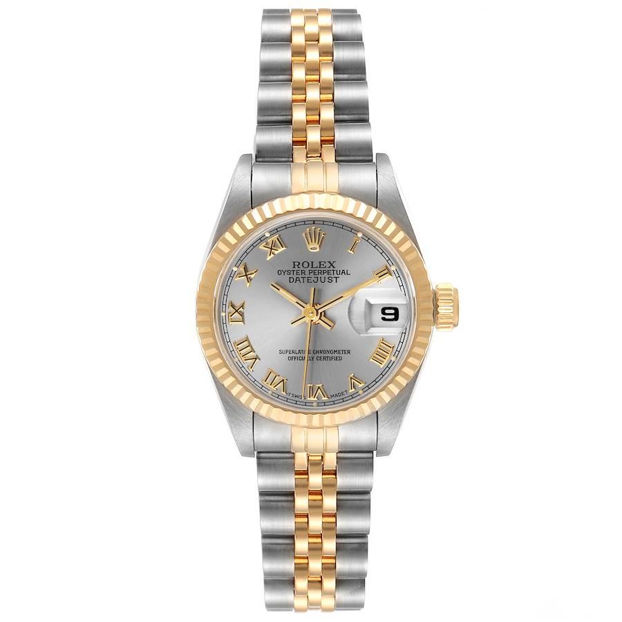 Rolex Datejust Steel Yellow Gold Grey Dial Ladies Watch 69173 Box Papers. Officially certified chronometer self-winding movement. Stainless steel oyster case 26 mm in diameter. Rolex logo on a crown. 18k yellow gold fluted bezel. Scratch resistant