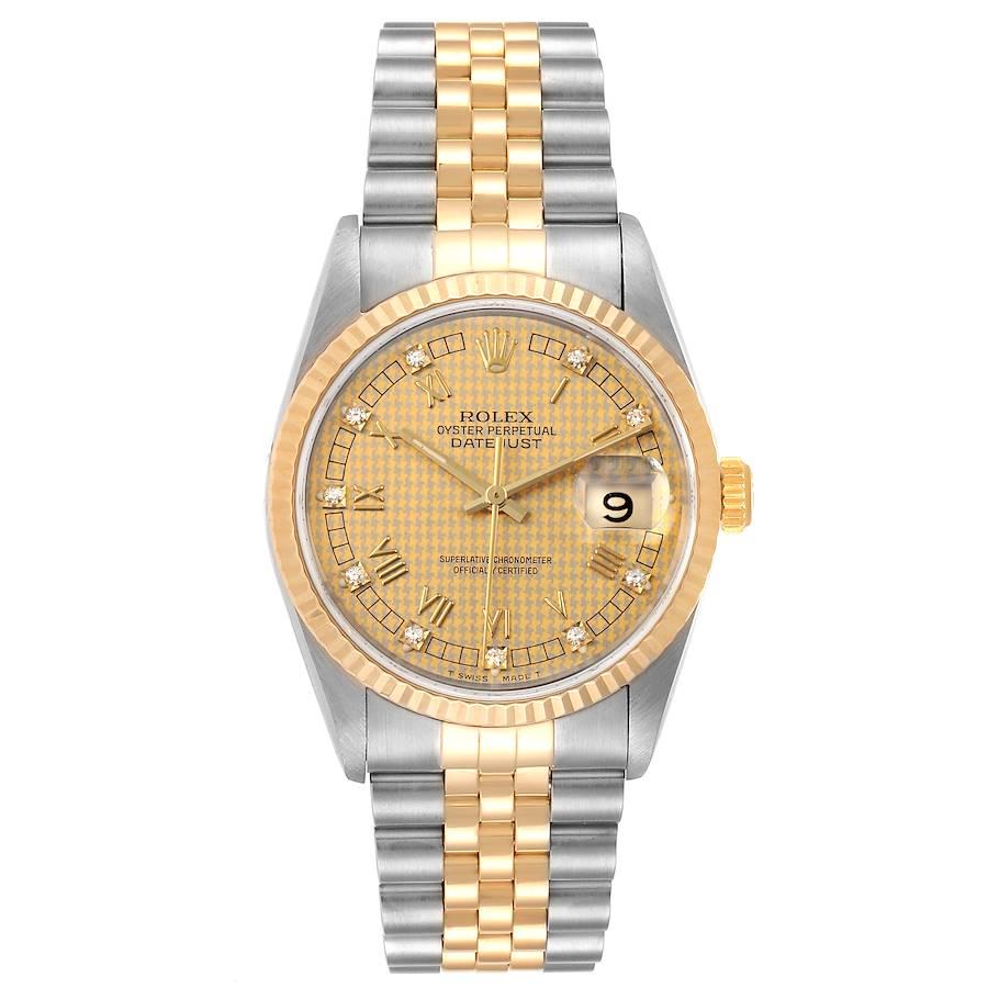 Rolex Datejust Steel Yellow Gold HoundsTooth Diamond Mens Watch 16233. Officially certified chronometer self-winding movement with quickset date function. Stainless steel case 36 mm in diameter.  Rolex logo on a 18K yellow gold crown. 18k yellow