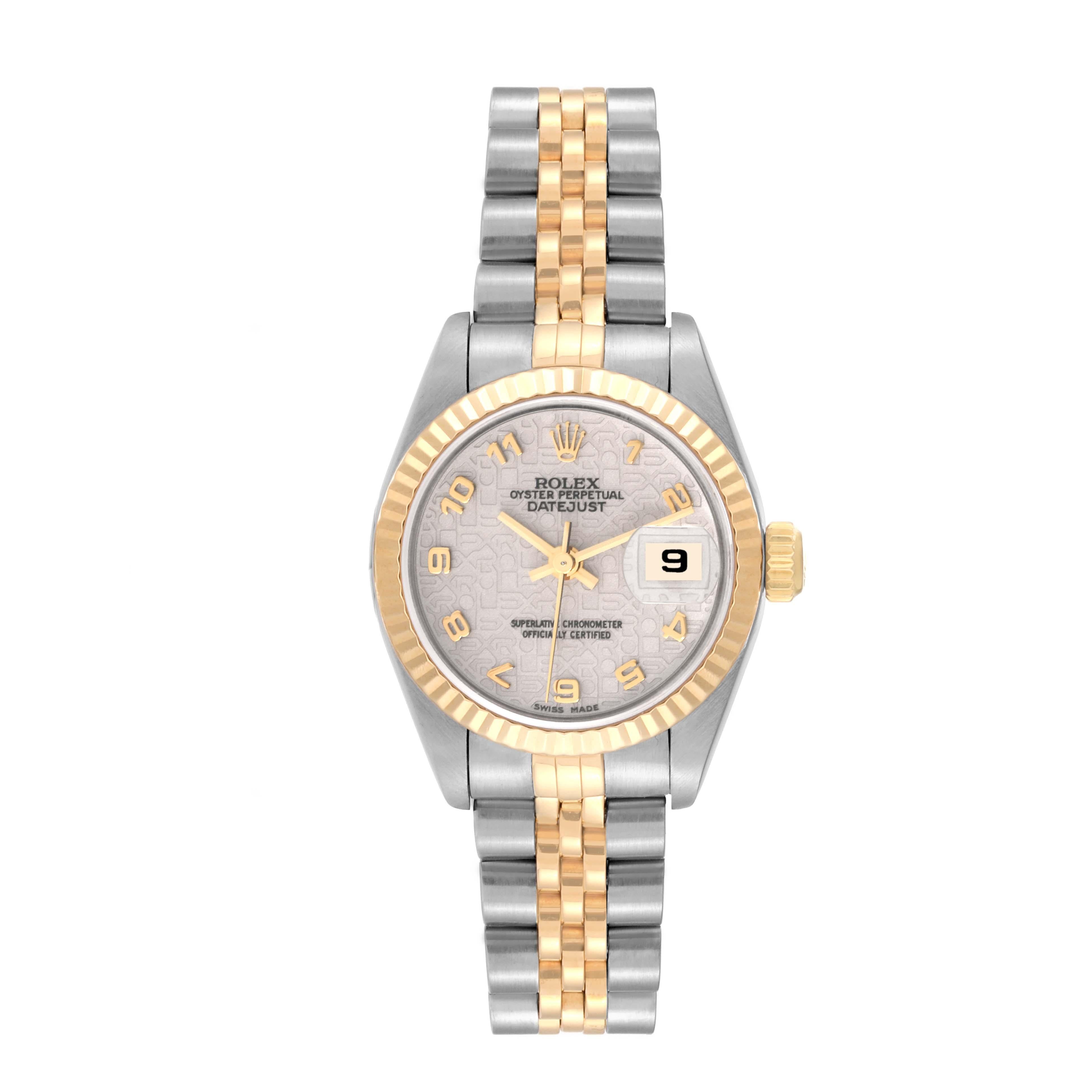 Rolex Datejust Steel Yellow Gold Ivory Anniversary Dial Ladies Watch 79173. Officially certified chronometer automatic self-winding movement. Stainless steel oyster case 26.0 mm in diameter. Rolex logo on an 18k yellow gold crown. 18k yellow gold
