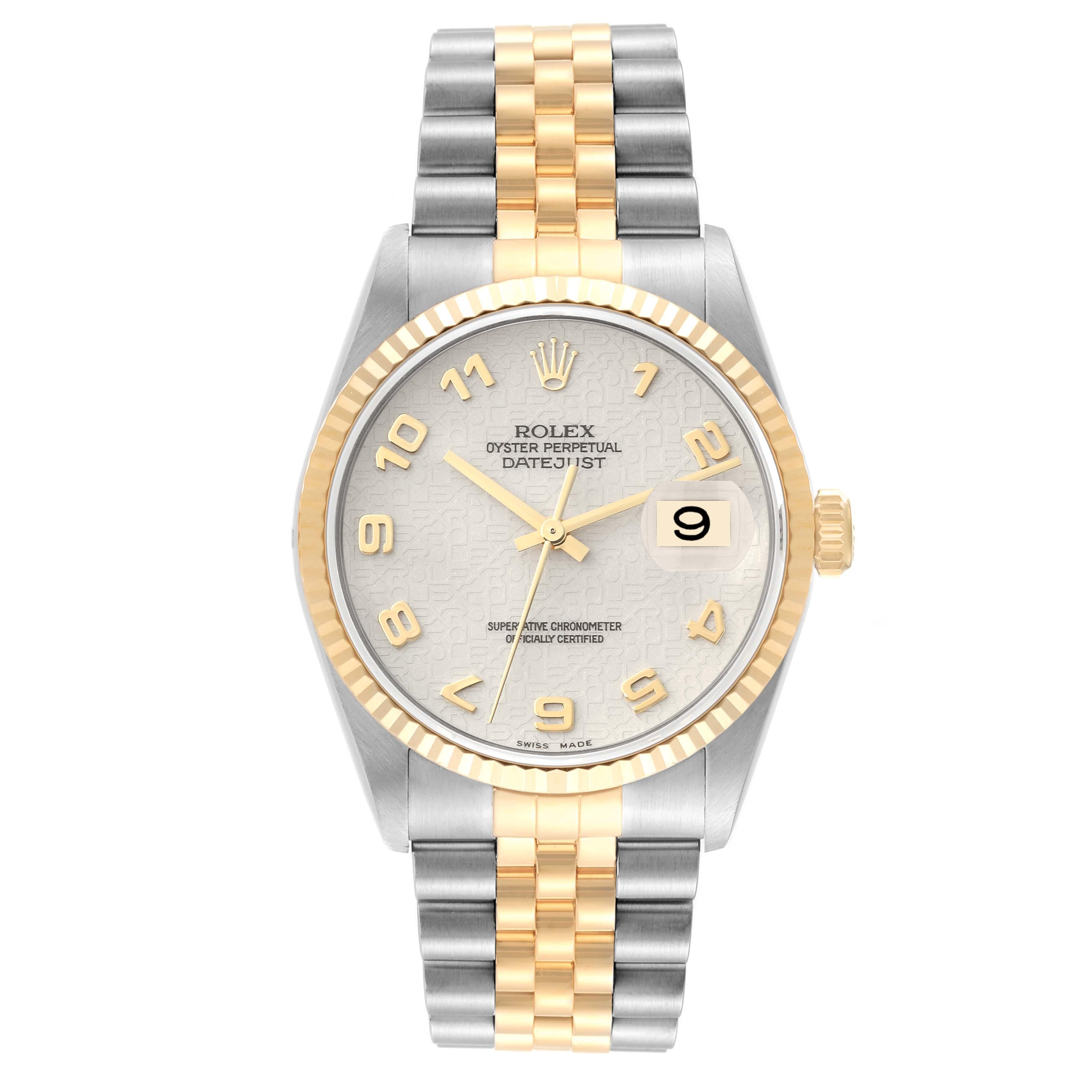 Rolex Datejust Steel Yellow Gold Ivory Anniversary Dial Mens Watch 16233. Officially certified chronometer automatic self-winding movement. Stainless steel case 36 mm in diameter.  Rolex logo on an 18K yellow gold crown. 18k yellow gold fluted