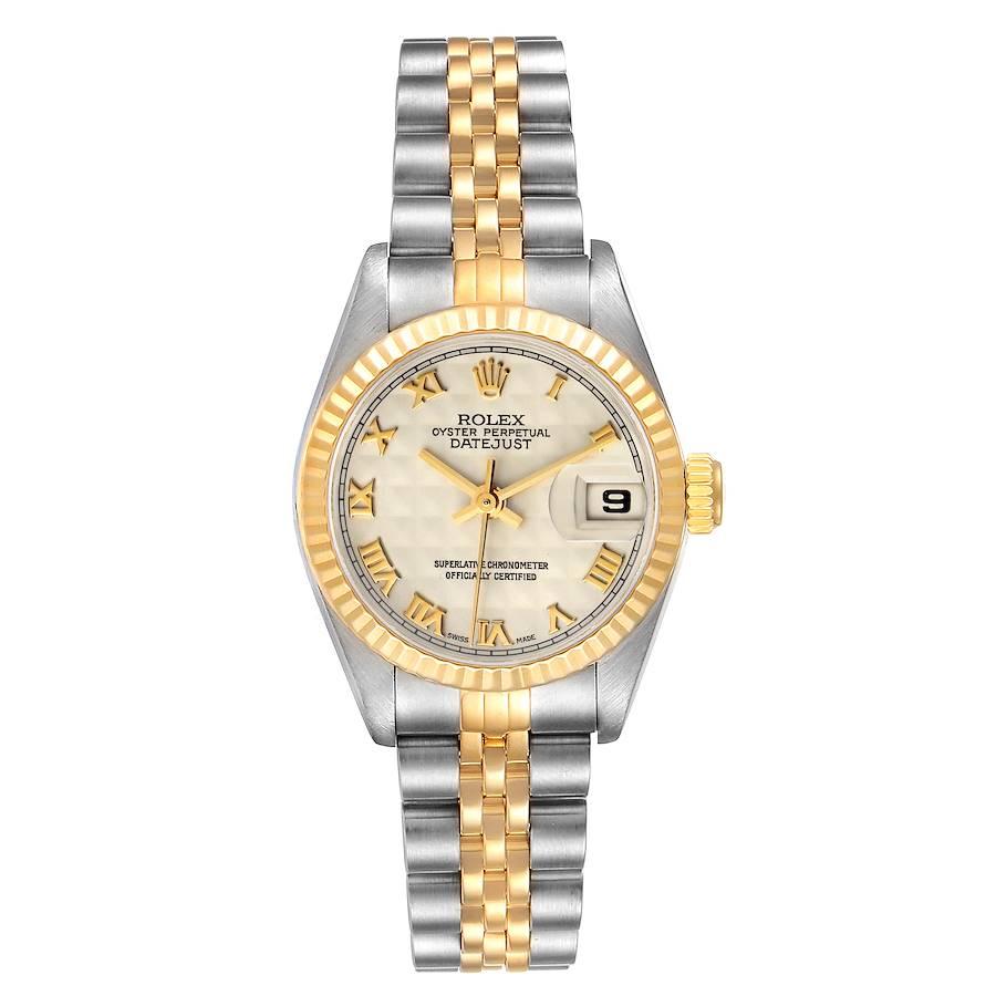 Rolex Datejust Steel Yellow Gold Ivory Pyramid Dial Ladies Watch 69173. Ladies. Stainless steel oyster case 26 mm in diameter. Rolex logo on a crown. 18k yellow gold fluted bezel. Scratch resistant sapphire crystal with cyclops magnifier. Ivory