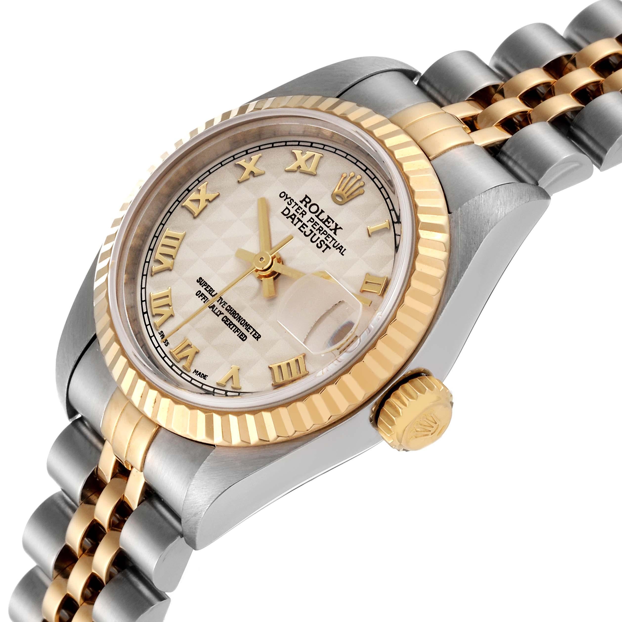 Rolex Datejust Steel Yellow Gold Ivory Pyramid Dial Ladies Watch 79173 In Excellent Condition In Atlanta, GA