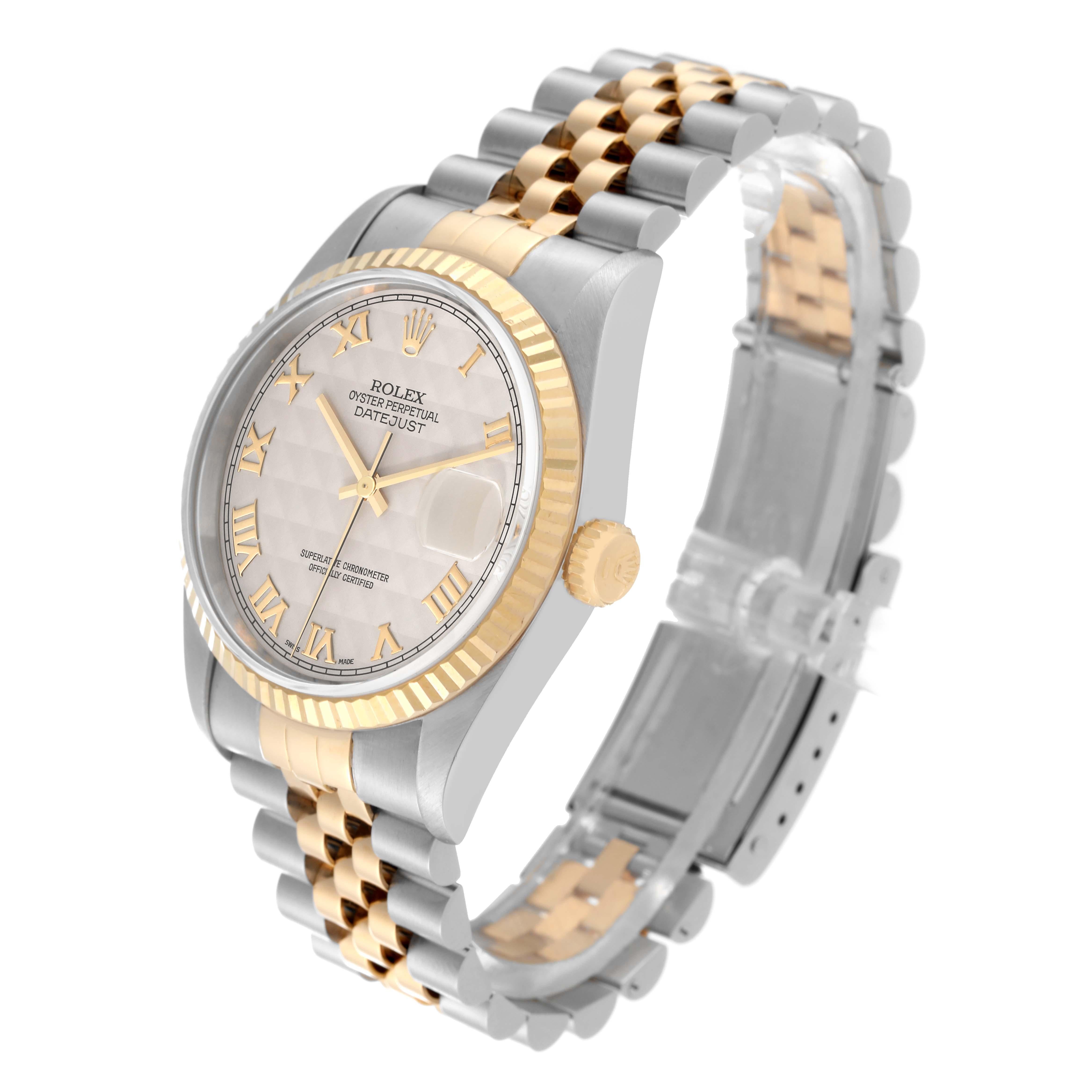 Rolex Datejust Steel Yellow Gold Ivory Pyramid Dial Mens Watch 16233 Box Papers en vente 7