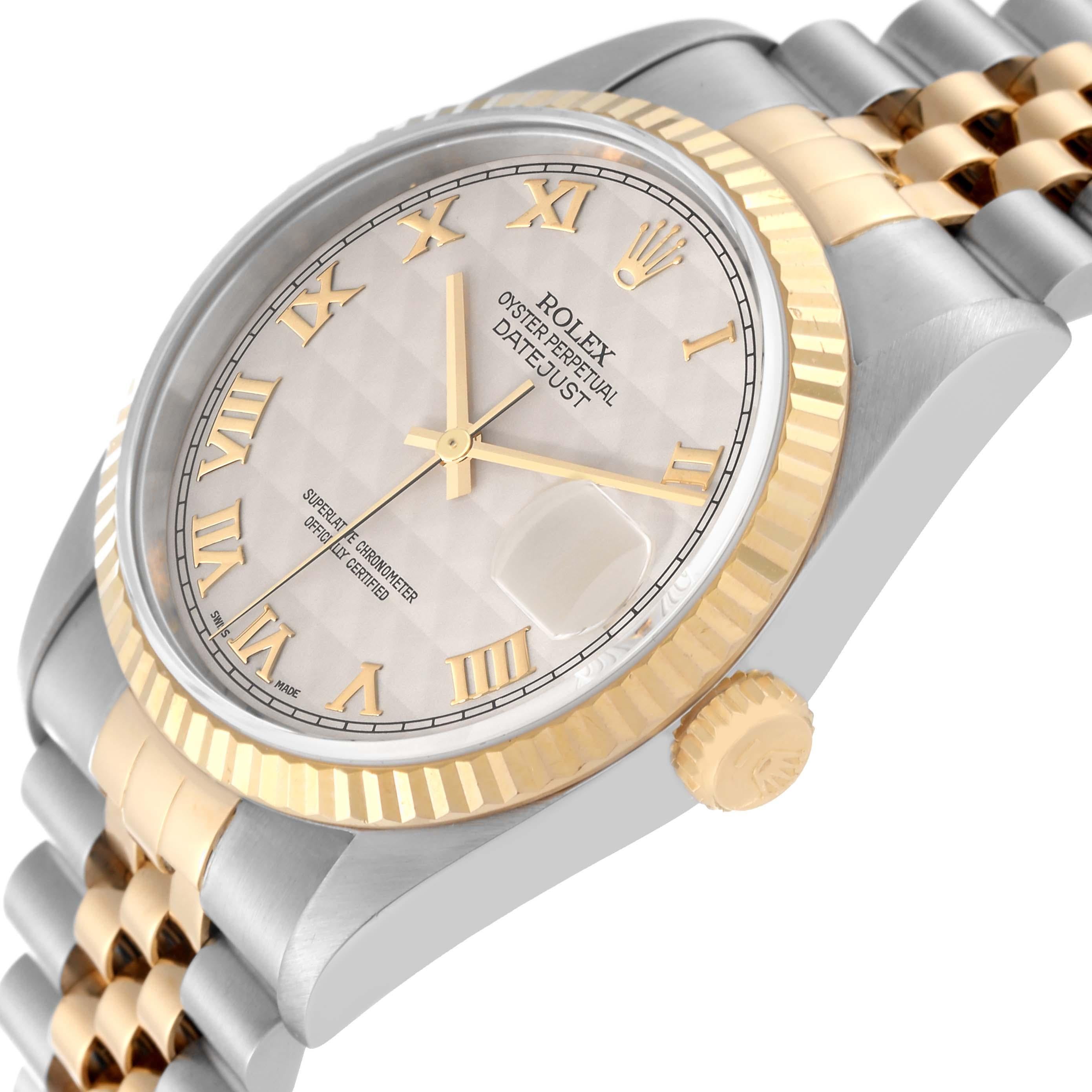 Rolex Datejust Steel Yellow Gold Ivory Pyramid Dial Mens Watch 16233 Box Papers In Excellent Condition For Sale In Atlanta, GA