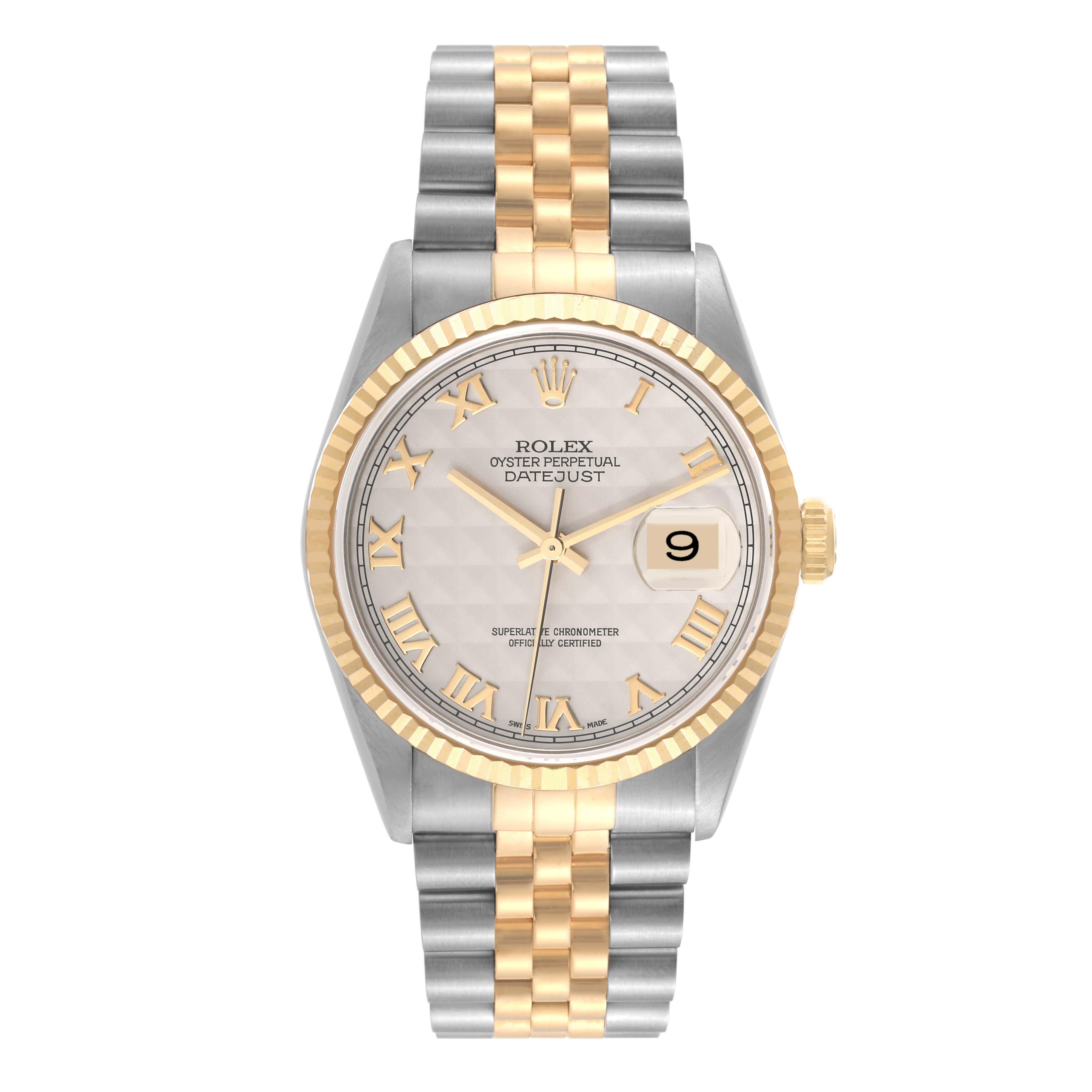 Rolex Datejust Steel Yellow Gold Ivory Pyramid Dial Mens Watch 16233 Box Papers en vente 5