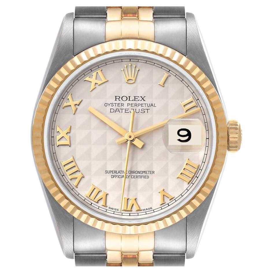 Rolex Datejust Steel Yellow Gold Ivory Pyramid Dial Mens Watch 16233