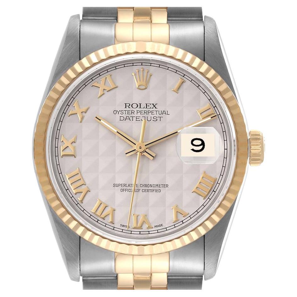 Rolex Datejust Steel Yellow Gold Ivory Pyramid Dial Mens Watch 16233