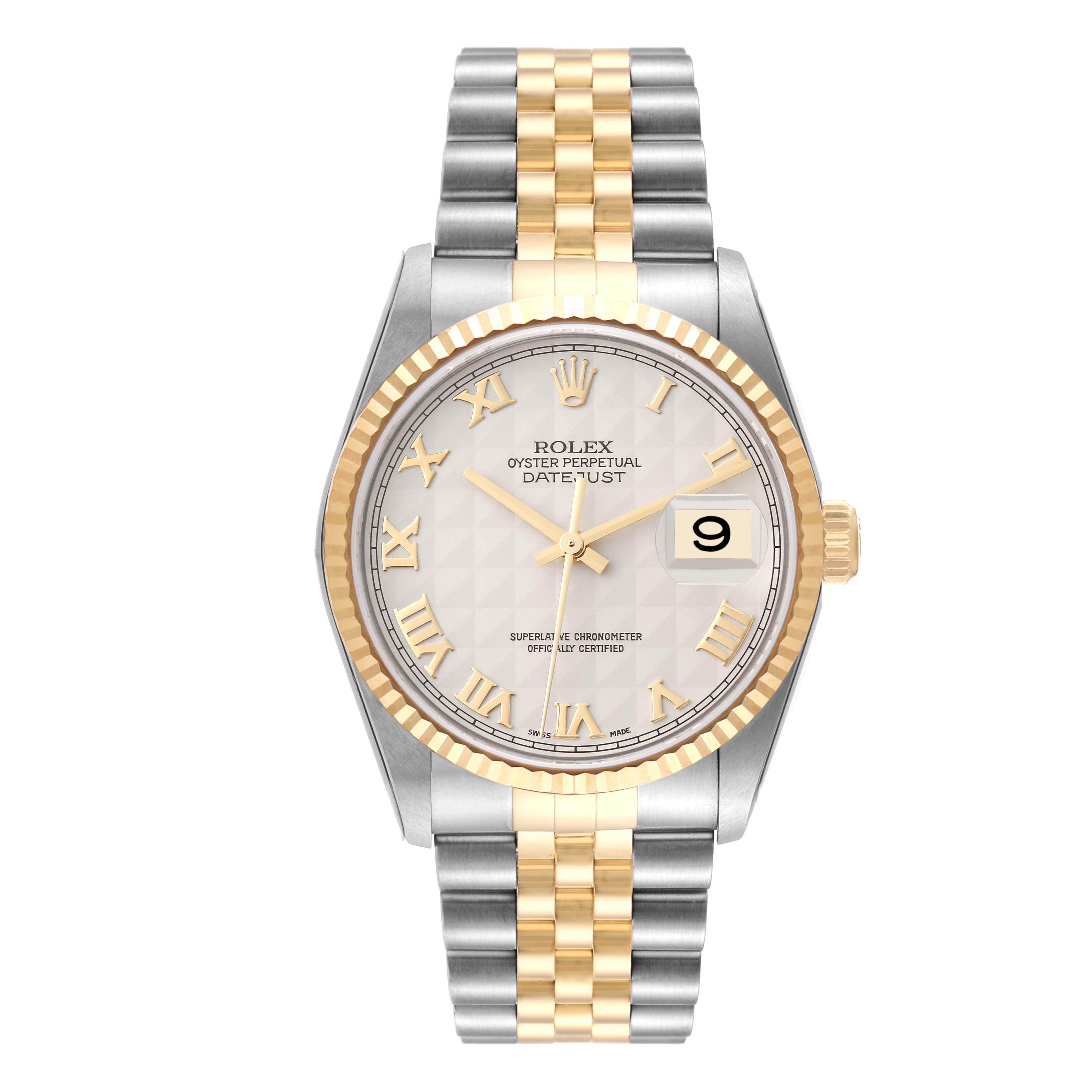 Rolex Datejust Steel Yellow Gold Ivory Pyramid Dial Mens Watch 16233 Unworn NOS. Officially certified chronometer automatic self-winding movement. Stainless steel case 36 mm in diameter.  Rolex logo on an 18K yellow gold crown. 18k yellow gold