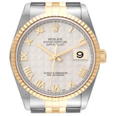 Rolex Datejust Steel Yellow Gold Ivory Pyramid Dial Mens Watch 16233 Unworn NOS