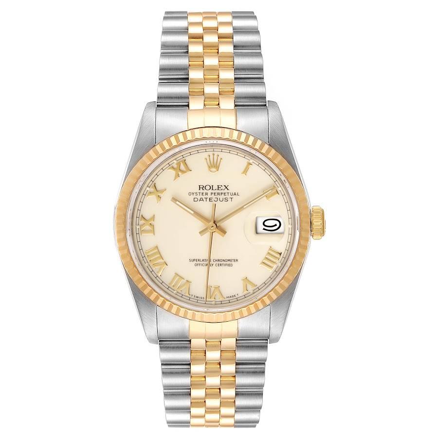 Rolex Datejust Steel Yellow Gold Ivory Roman Dial Mens Watch 16233. Officially certified chronometer self-winding movement. Stainless steel case 36 mm in diameter.  Rolex logo on a 18K yellow gold crown. 18k yellow gold fluted bezel. Scratch