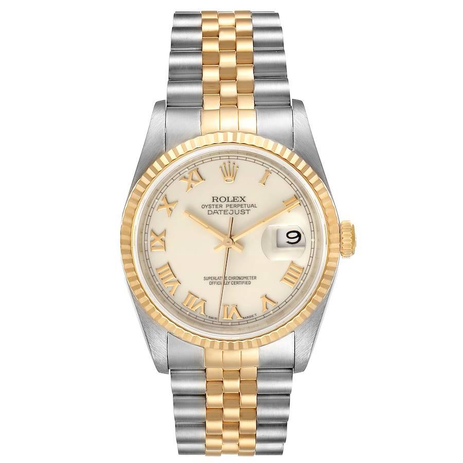 Rolex Datejust Steel Yellow Gold Ivory Roman Dial Mens Watch 16233. Officially certified chronometer self-winding movement. Stainless steel case 36 mm in diameter. Rolex logo on a 18K yellow gold crown. 18k yellow gold fluted bezel. Scratch