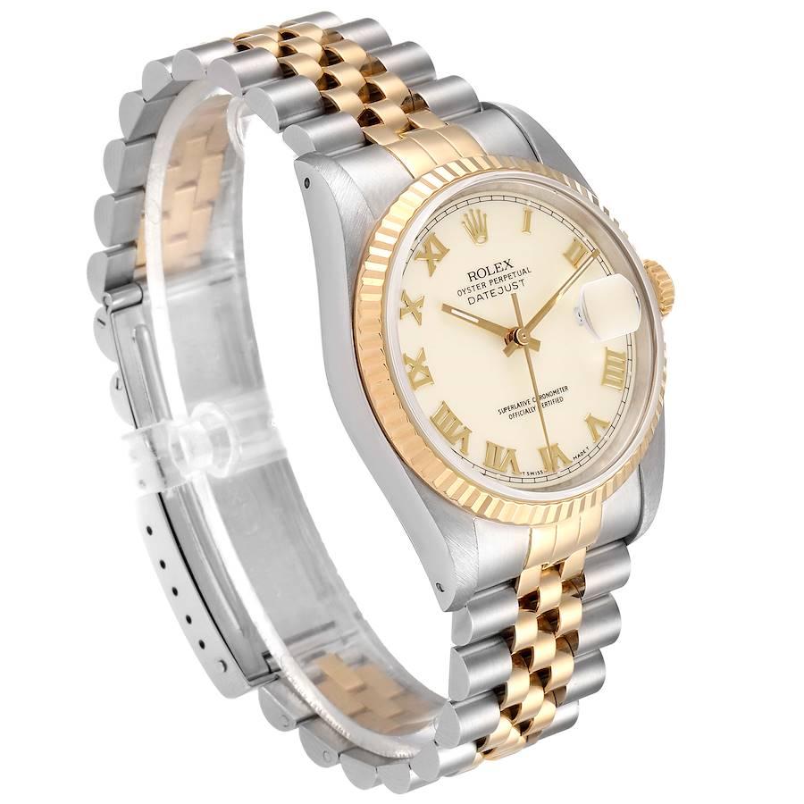 Rolex Datejust Steel Yellow Gold Ivory Roman Dial Men's Watch 16233 In Excellent Condition For Sale In Atlanta, GA