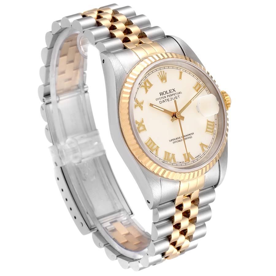 Rolex Datejust Steel Yellow Gold Ivory Roman Dial Men's Watch 16233 In Excellent Condition In Atlanta, GA