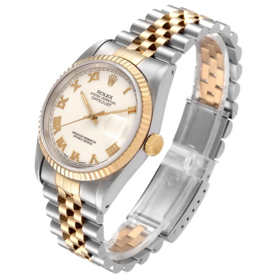 Rolex Datejust Steel Yellow Gold Ivory Roman Dial Mens Watch 16233 In Excellent Condition For Sale In Atlanta, GA