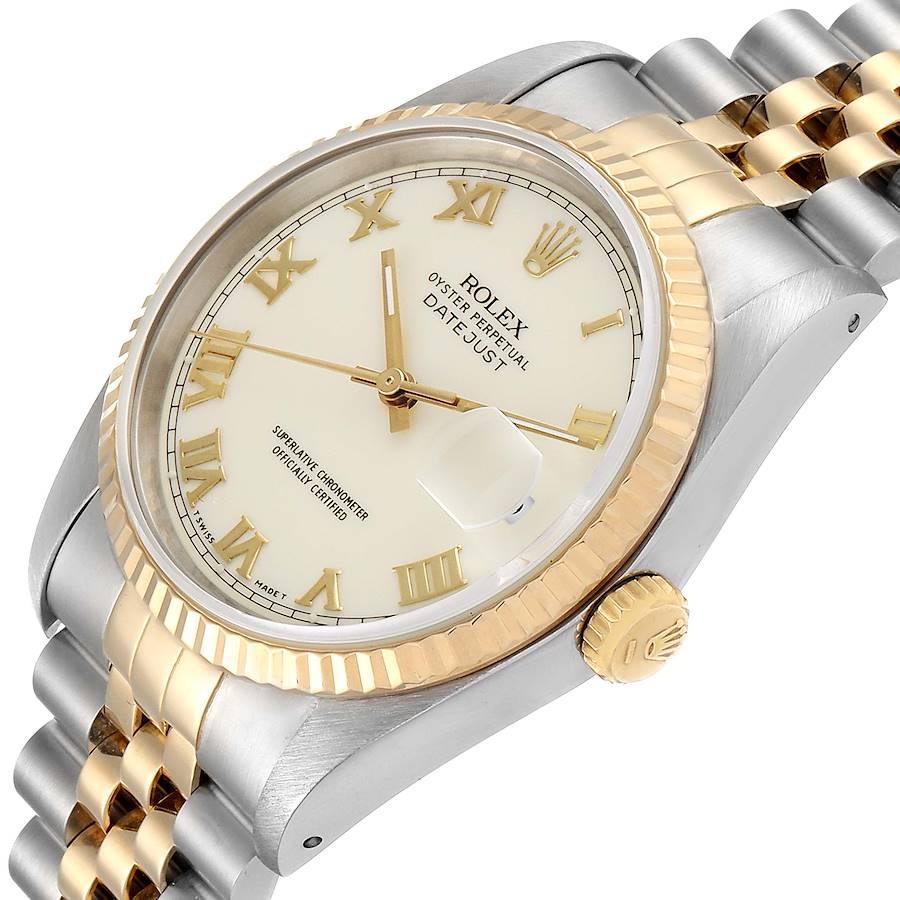 Rolex Datejust Steel Yellow Gold Ivory Roman Dial Men's Watch 16233 For Sale 2