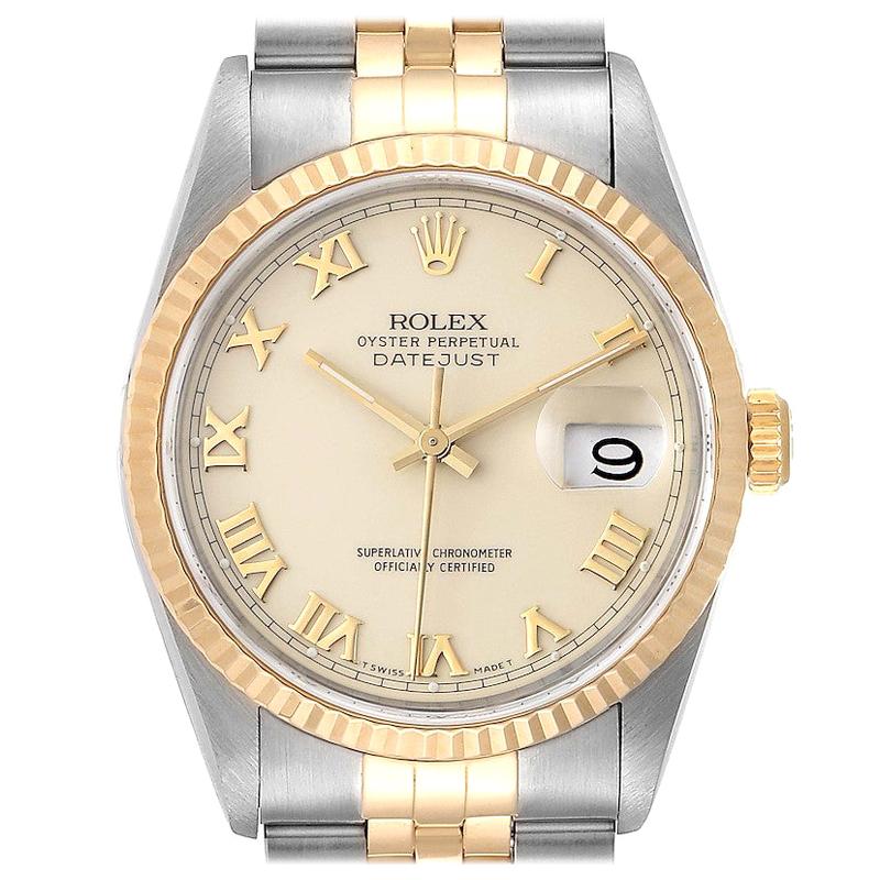 Rolex Datejust Steel Yellow Gold Ivory Roman Dial Men's Watch 16233 For Sale