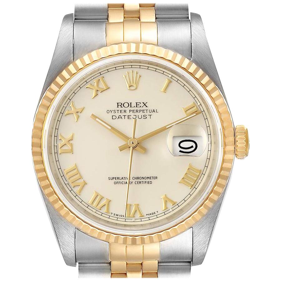 Rolex Datejust Steel Yellow Gold Ivory Roman Dial Men's Watch 16233 For Sale