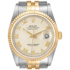 Rolex Datejust Steel Yellow Gold Ivory Roman Dial Men's Watch 16233