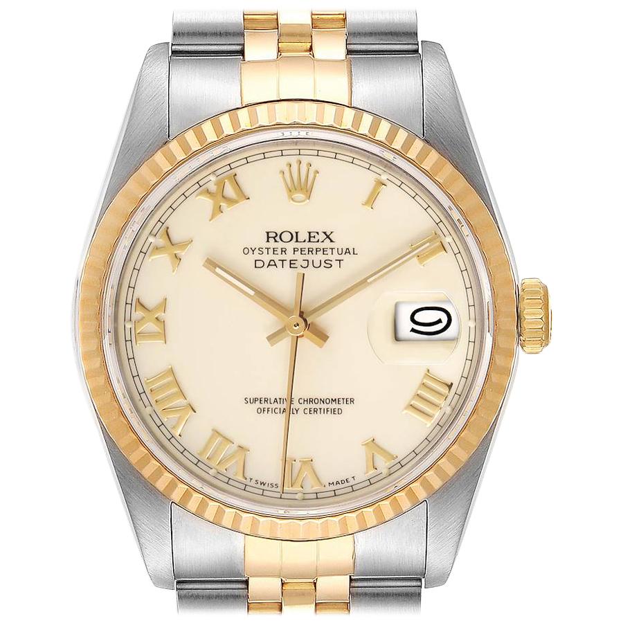 Rolex Datejust Steel Yellow Gold Ivory Roman Dial Men's Watch 16233